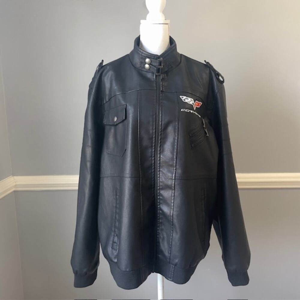 Corvette C7 Faux Leather Racing Jacket Black 2XL Moto Streetwear Coat Car NWOT